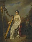 Portrait of a lady, wearing a white dress and seated beside a harp a landscape beyond Firmin Massot